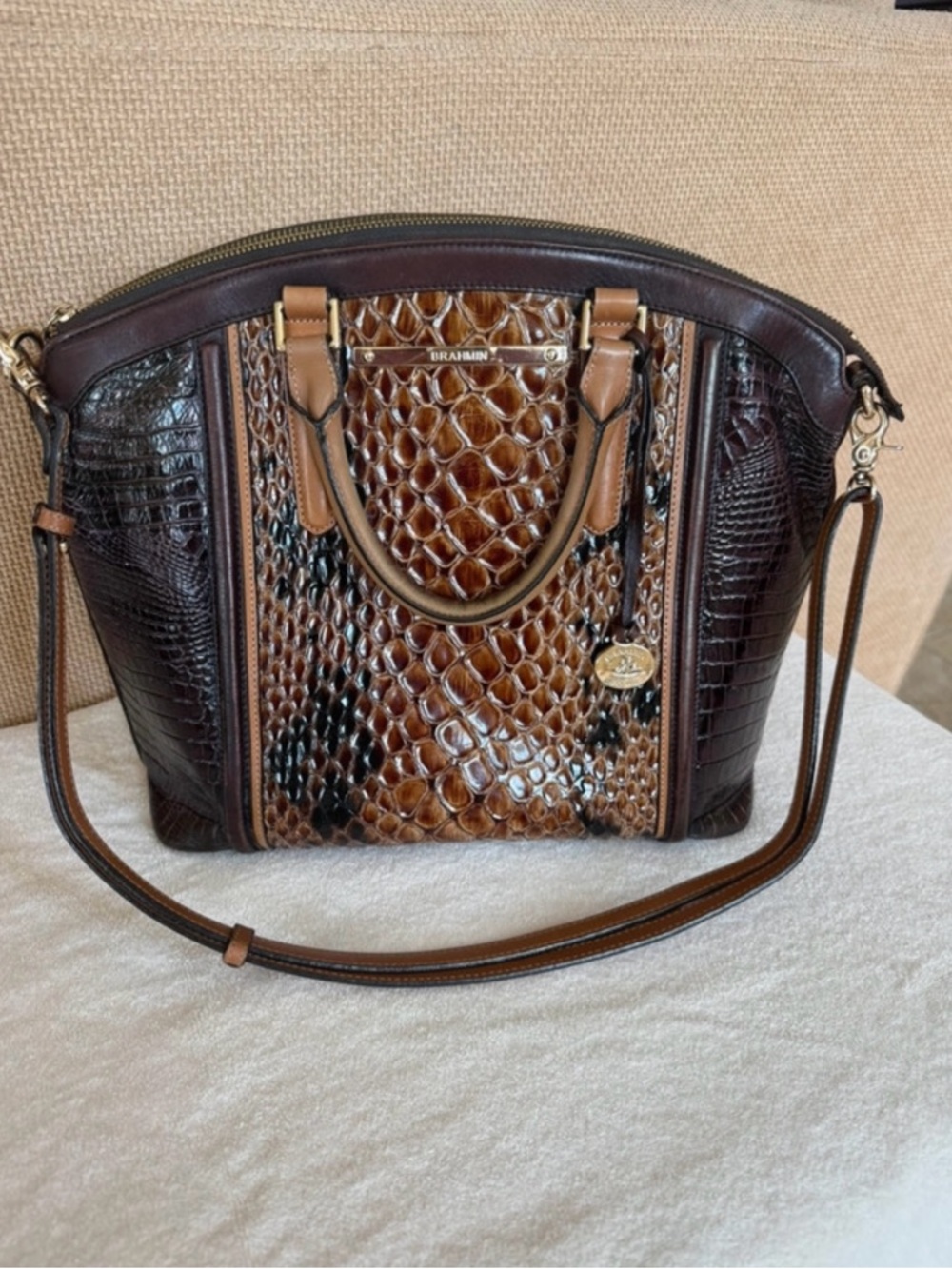Brahmin Brown Croc-Embossed Leather Satchel with Shoulder Strap